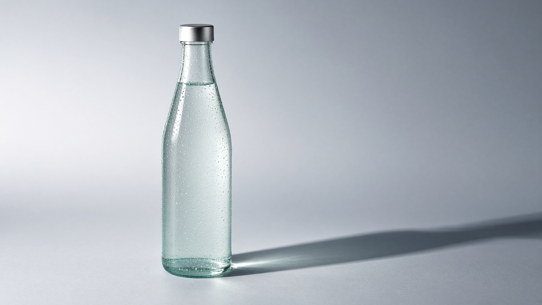 Studio photograph of a glass sparkling-water bottle with a long hard shadow