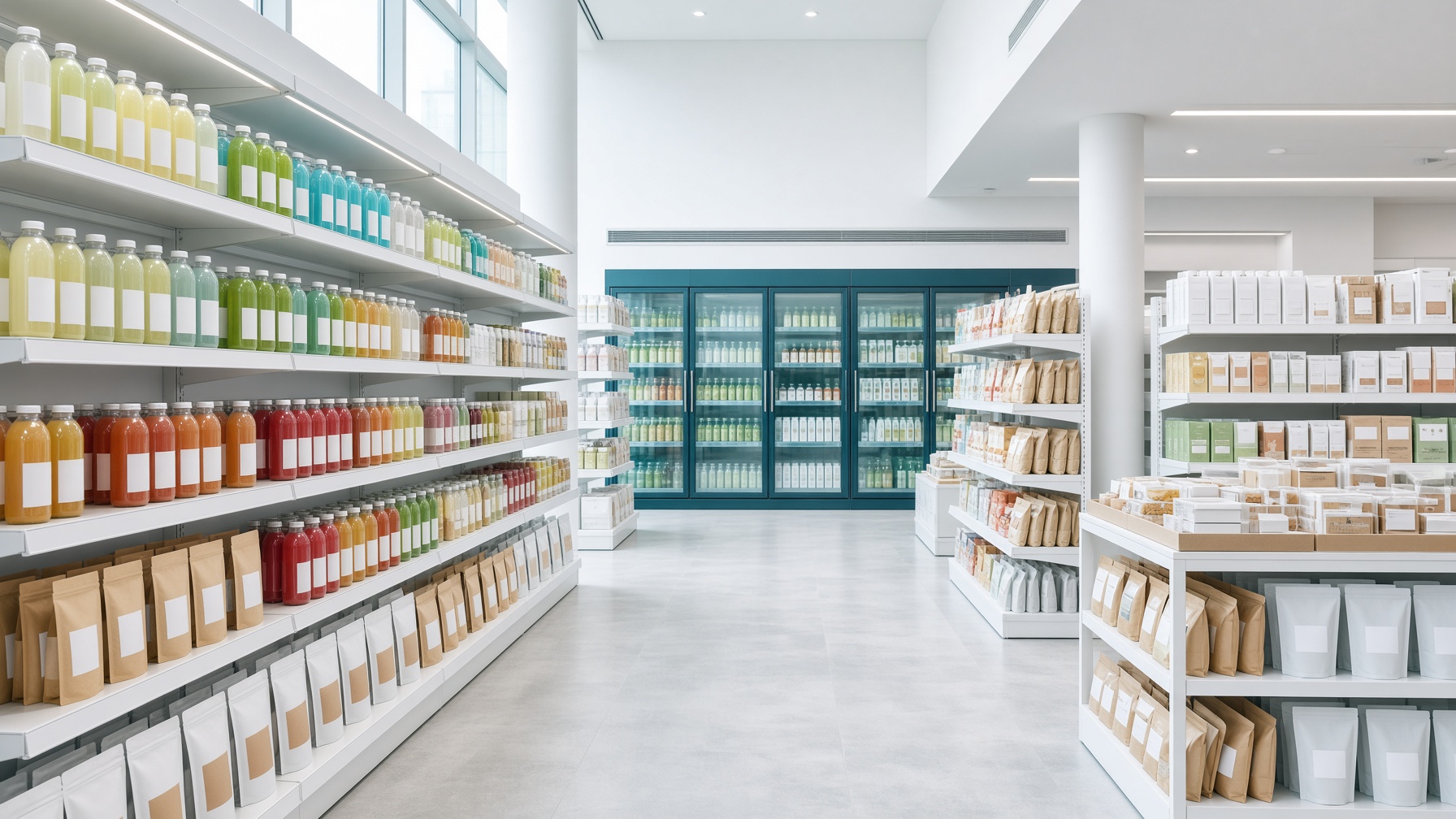 Bright contemporary grocery shelves of packaged food and beverage products