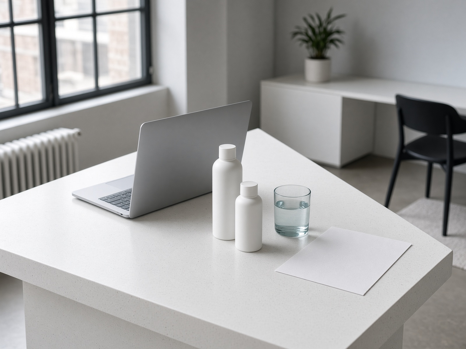 Modern studio desk with product bottles and a laptop
